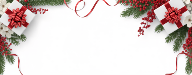 Christmas fir branches, gift boxes with red ribbon, red decoration, sparkles and confetti on white background. Xmas and New Year greeting card, winter holiday. Flat lay, top view