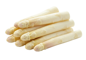 A close-up of fresh, raw white asparagus spears, meticulously clean, arranged in a casual pile on a transparent background with copy space, concept of pristine gourmet food photography.
