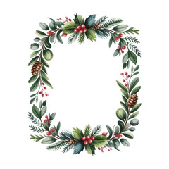Watercolor christmas frame with fir branches, pine cone, cotton, leaves isolated on white background. Botanical winter greenery holiday illustration for wedding invitation card design