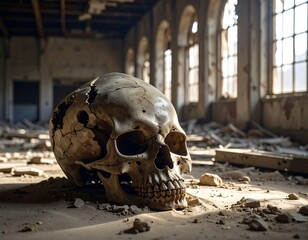 A close-up shows a human skull on a dusty floor amidst the ruins of a building, sunlight streams through arched windows