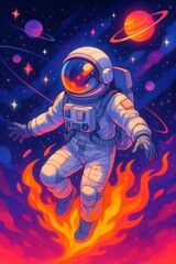 Vibrant digital art of an astronaut levitating on cosmic flames in space.