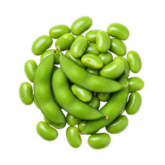 Fresh, vibrant green, plump, shelled edamame beans, scattered organically on a transparent background with copy space, top-down, soft studio light, concept of healthy eating and natural food