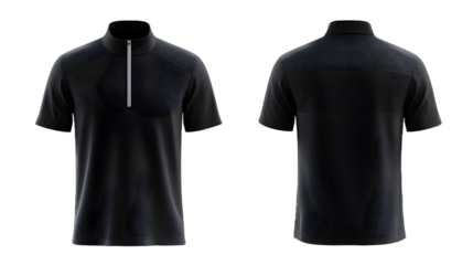 Front and back view of a black shortsleeved polo shirt with a quarter zip and abstract textured pattern on the shoulders, isolated on transparent background
