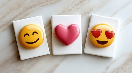 3D emoji and heart icons for social media reactions. Happy face, love, and heart-eyes emoticons on a marble background. Positive emotions and online communication concept