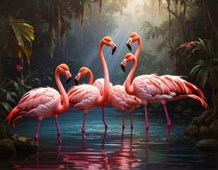 A group of pink flamingos stands in a reflective pool within a lush, tropical forest. Beams of light filter through the canopy