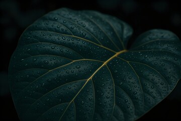 Moody macro photograph of dark green leaf with water droplets and yellow vein.