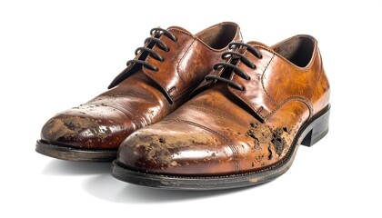 Muddy vintage leather shoes isolated on clean white background