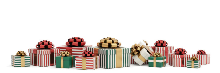 christmas presents in row and green decorated fir 3d-illustration
