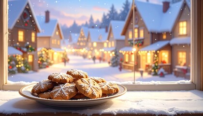 A plate of decorated cookies on a snowy windowsill, overlooking a quaint village lit up with holiday lights