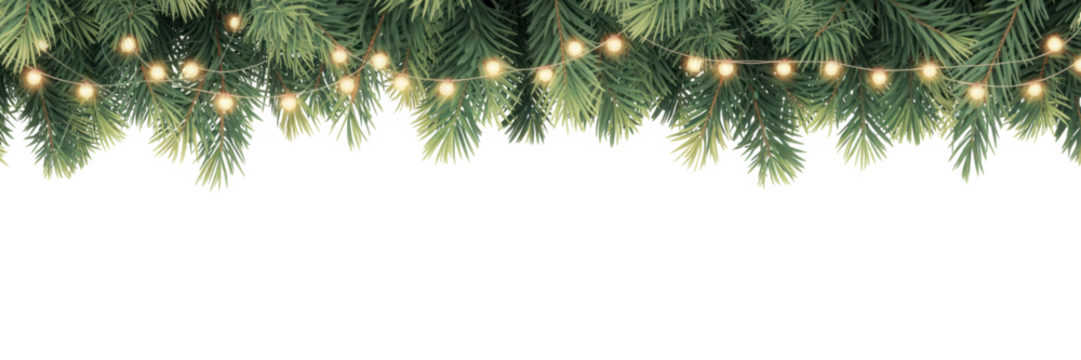 Seamless decorative christmas border with coniferous branches and garlands of christmas lights on transparent background
