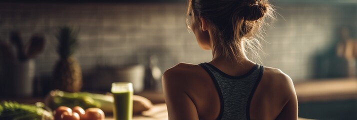 A woman in workout attire stands beside fresh veggies and a green smoothie in a sunlit kitchen. Fitness, nutrition, and vibrant well being.