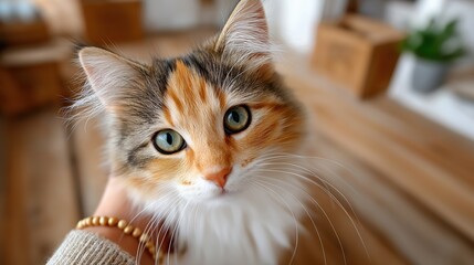 Close-up of a person holding a fluffy calico kitten with green eyes. Adorable domestic pet portrait. Concept of animal care and companionship