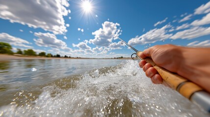 Pov of an angler holding a fishing rod with a splash in the water on a sunny day. Active summer hobby and outdoor recreation. First-person perspective of sport fishing on a lake