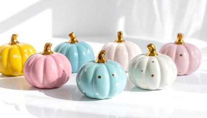 Close-up of pastel glass pumpkins with multicolor dots under soft light