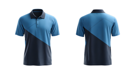 Front and back view of a blue and dark blue shortsleeved polo shirt with a collar, isolated on transparent background
