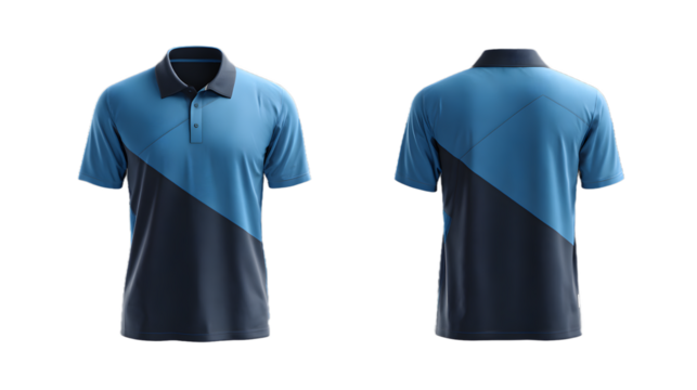 Front and back view of a blue and dark blue shortsleeved polo shirt with a collar, isolated on transparent background