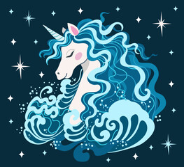Celestial unicorn guardian of the water element. Magical horse with a mane of sea waves