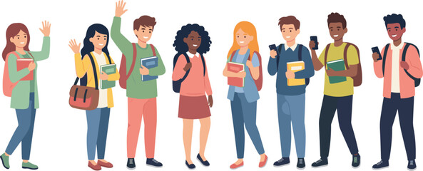 Happy diverse students standing in line, smiling, waving, holding books and smartphones, representing modern education, youth lifestyle, academic engagement, and school diversity