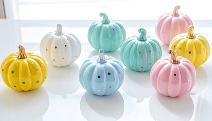 Arrangement of pastel glass pumpkins decorated with colorful polka dots under soft studio light