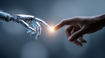 Conceptual image of a human hand meeting a holographic or robotic hand, highlighting cooperation with artificial intelligence 