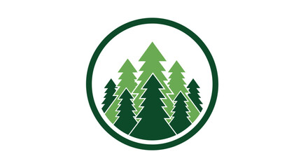 A circular logo featuring a collection of stylized evergreen trees in varying shades of green.