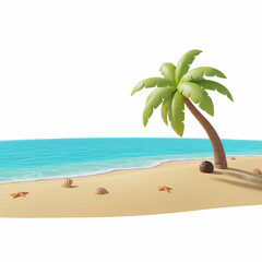 Naklejka premium Stylized 3D Tropical Beach Scene with Palm Tree and Ocean