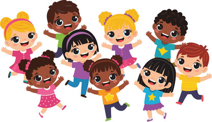 Happy cartoon children jumping with joy, diverse kids in colorful outfits, cheerful expressions, playful poses, isolated on white background, perfect for educational and family themes
