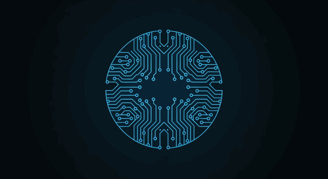 A blue circular circuit board pattern on a dark background, symbolizing technology, artificial intelligence, and digital connectivity.