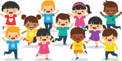 Joyful diverse cartoon children running, playful kids illustration, multicultural childhood fun, energetic group of boys and girls, cheerful movement, colorful happy scene