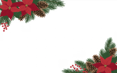 Christmas decoration. Frame of flowers of red poinsettia, branch christmas tree, ball, red berry on a white background with space for text. Top view, flat lay