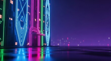 Futuristic city building adorned with vibrant neon lights in a cyberpunk scene
