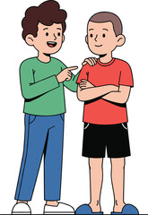 Cartoon boys talking, friendly interaction, childhood communication, standing pose, casual outfit, smiling kids, vector illustration, playful moment, social bonding, colorful characters