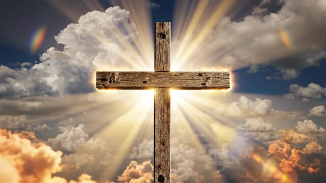 Uma majestosa cruz de madeira se destaca contra um c&eacute;u dram&aacute;tico com nuvens, de onde poderosos feixes de luz divina irradiam para fora, simbolizando esperan&ccedil;a e ressurrei&ccedil;&atilde;o