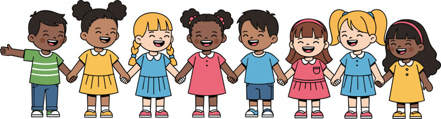 Cartoon children holding hands, smiling together, diverse group, colorful outfits, unity, friendship, inclusion, happy kids, playful moment, childhood joy, harmony
