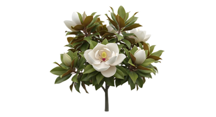 Close up shot of a magnolia tree with white flowers and green leaves on a black background scene