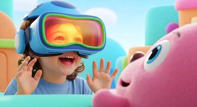 Joyful Child Experiencing Virtual Reality with Cute Toy