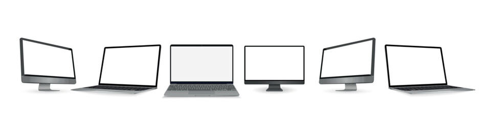 Mockups technology devices group of 2024 year with transparent display in silver color, device screen mockup, blank screen, phone tablet, computer monitor, laptop