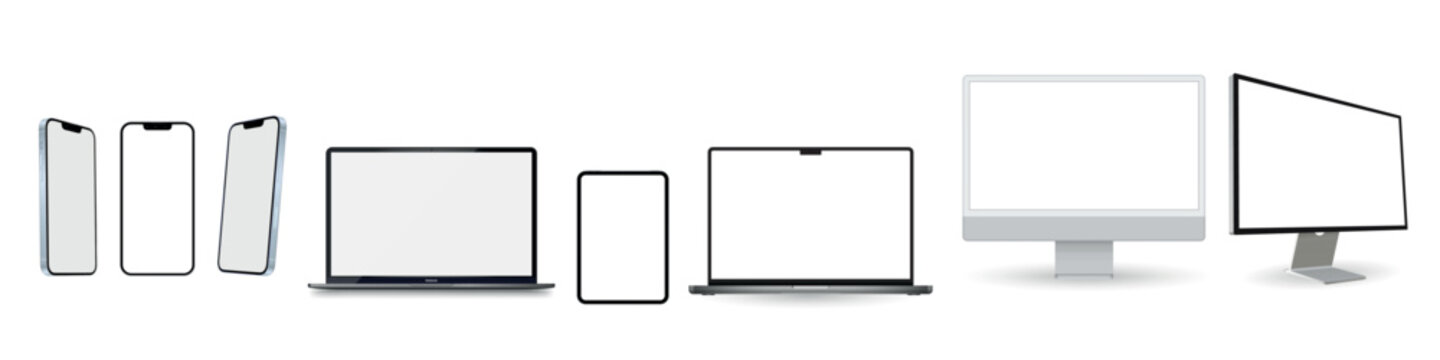 Modern laptop computer, monitor, tablet pc and mobile phone mockup front view, notebook mockup and phone device mockup ui ux app, digital devices screen template isolated on transparent - vector