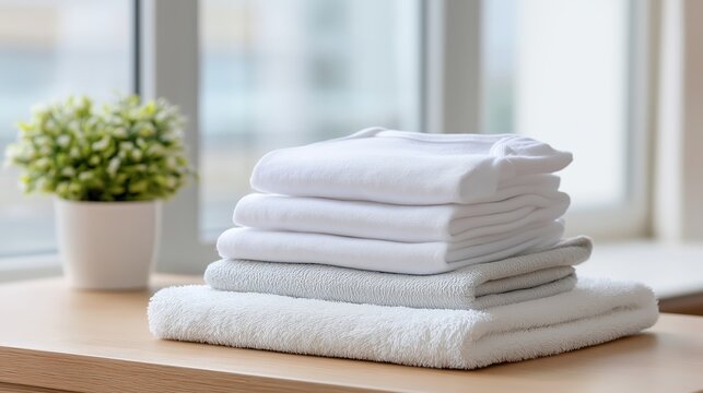 A stack of clean folded white towels and clothes on a wooden table. Fresh laundry and domestic household chores concept - Powered by Adobe