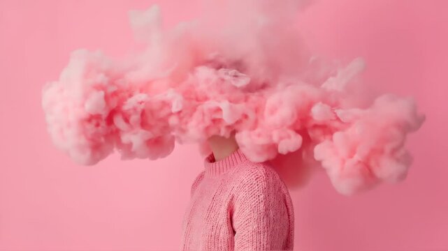 A surreal and elegant portrait of a faceless woman, her head is a billowing cloud of vibrant pink smoke that gently dissipates and merges into a solid pink background, conceptual art, minimalist.