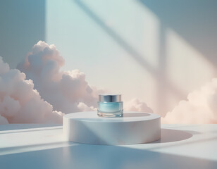 Dreamy Skincare Mockup with Cloudy Sky Background and Airy Floating Platform
