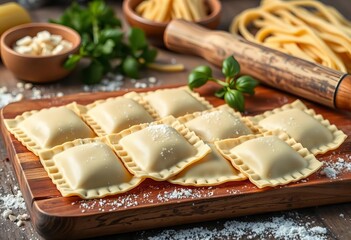 Fototapeta premium Homemade ravioli on rustic wooden board, fresh pasta making, Italy, traditional