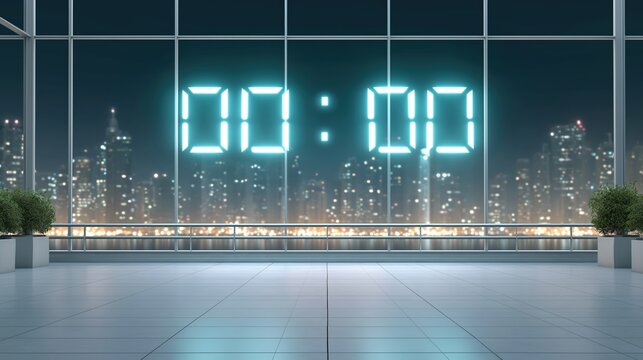 Glowing digital clock showing 00:00 midnight in a modern office. View of the city skyline at night. Future and deadline concept with copy space
