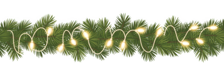 Seamless decorative christmas border with lights garland and coniferous branches isolated on transparent background
