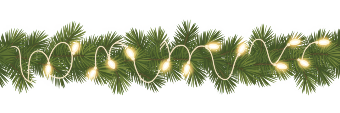 Seamless decorative christmas border with lights garland and coniferous branches isolated on transparent background
