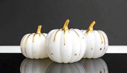 Close-up of white glass pumpkins featuring golden paint accents in studio lighting