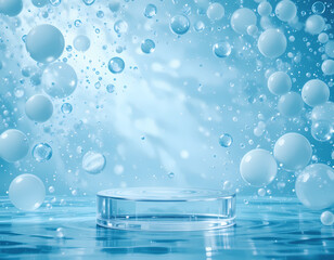 Hydrating Skincare Mockup with Floating Water Bubbles and Transparent Pedestal