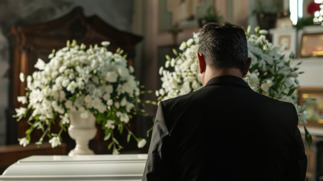 A man in a black suit stands solemnly in front of a white casket surrounded by floral arrangements. The scene conveys a sense of mourning and remembrance.