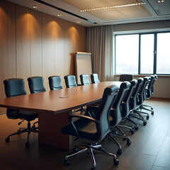 Empty modern conference room with long wooden table and office chairs