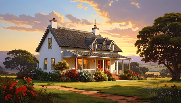 A charming two-story house with a porch and dormers sits amidst a grassy field, trees, and colorful flowers under a sunset sky